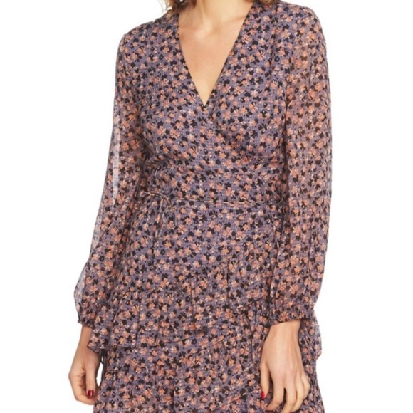 1. State Floral Ruffle Balloon Sleeve Mini Wrap Dress - Picture 2 of 16